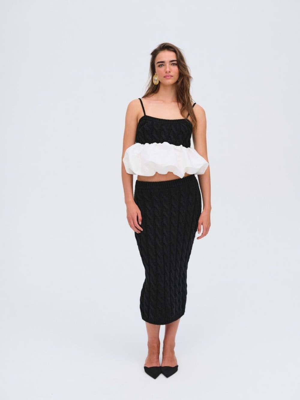 For Love & Lemons Black Cable-Knit Midi Skirt And Top